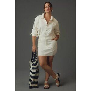 NWT Anthropologie Long-Sleeve Denim Mini Shirt Dress 1X Ivory Jean